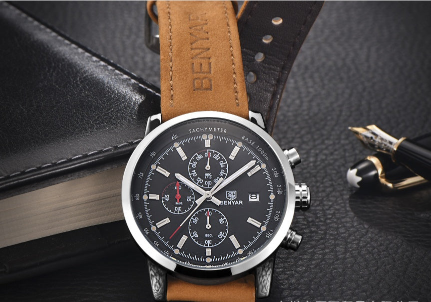 Binya Outdoor Sports Three-Eye Belt Men's Watch