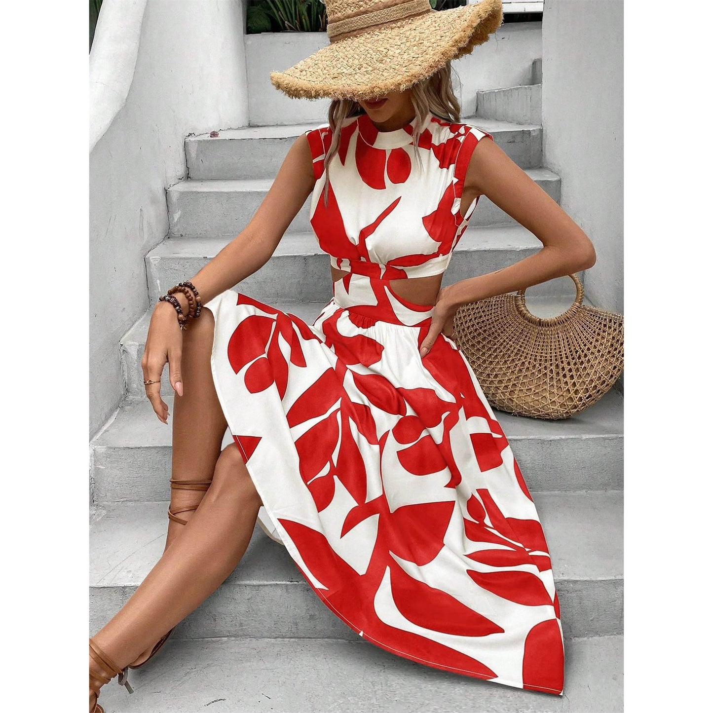 Ronde Hals Korte Mouw Hoge Taille Plant Bloemen Print Dames Jurk