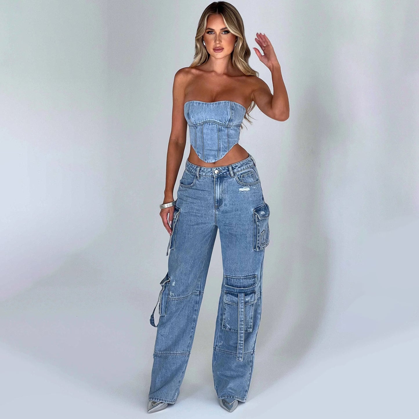 Dames Suit Jeans – Lage Taille Tube Top & Pocket Stitching
