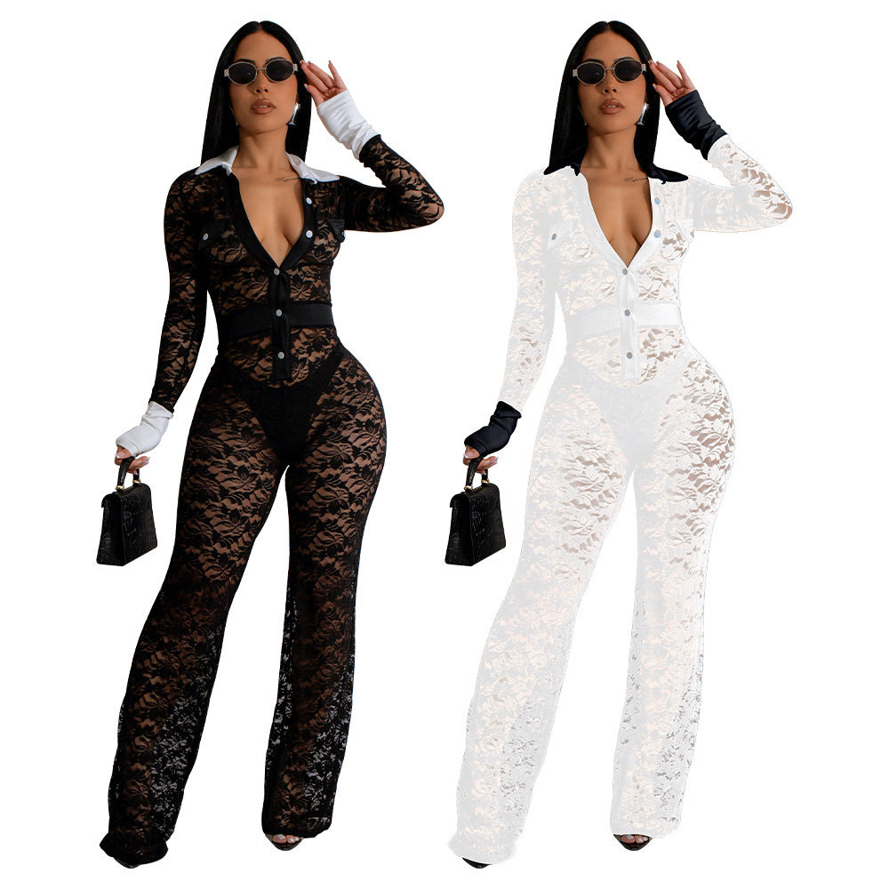 Dameskleding: LACE Contrast-color Stitching Jumpsuit