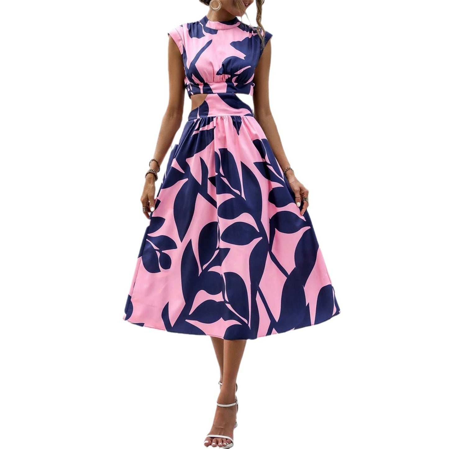 Ronde Hals Korte Mouw Hoge Taille Plant Bloemen Print Dames Jurk