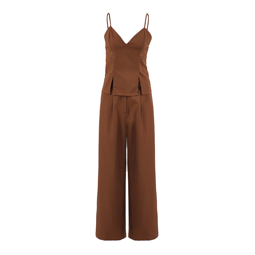 Bruine Dames Set — V-Hals Top + Rechte Broek | 2-Delig