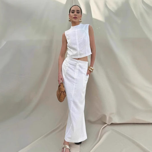 Zomerse Set — Mouwloze Standkraag Top & Maxi-Rok met Split 2-Delig