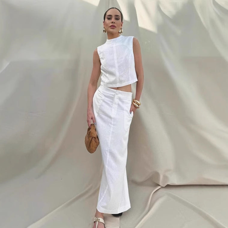 Zomerse Set — Mouwloze Standkraag Top & Maxi-Rok met Split 2-Delig