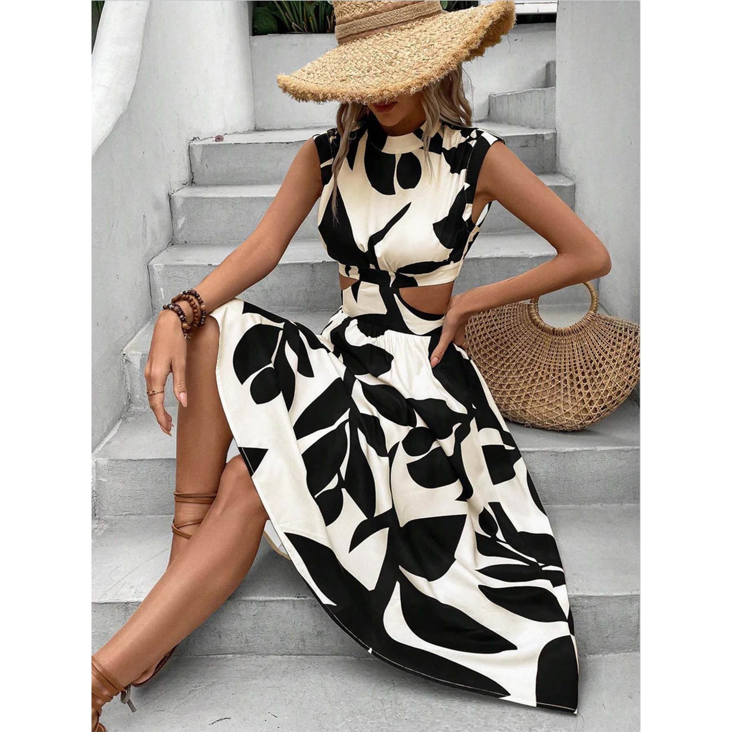 Ronde Hals Korte Mouw Hoge Taille Plant Bloemen Print Dames Jurk