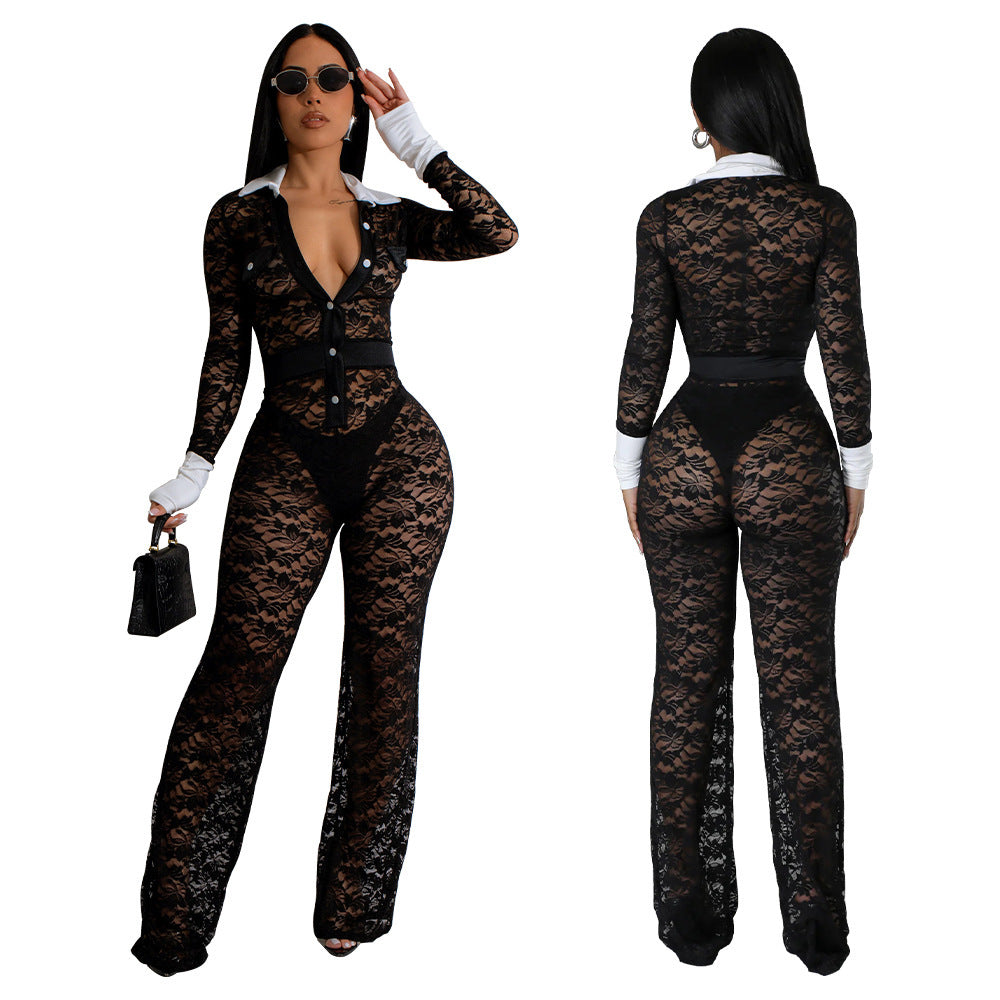Dameskleding: LACE Contrast-color Stitching Jumpsuit