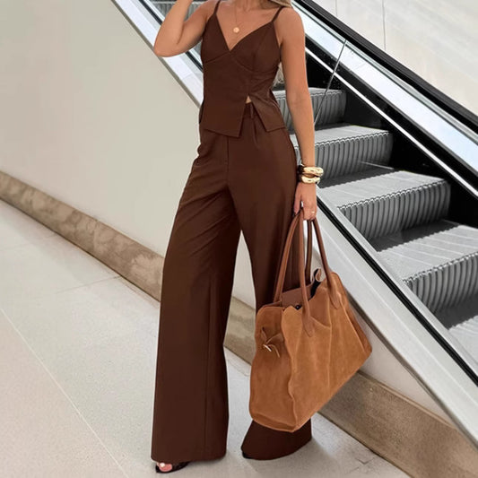 Bruine Dames Set — V-Hals Top + Rechte Broek | 2-Delig