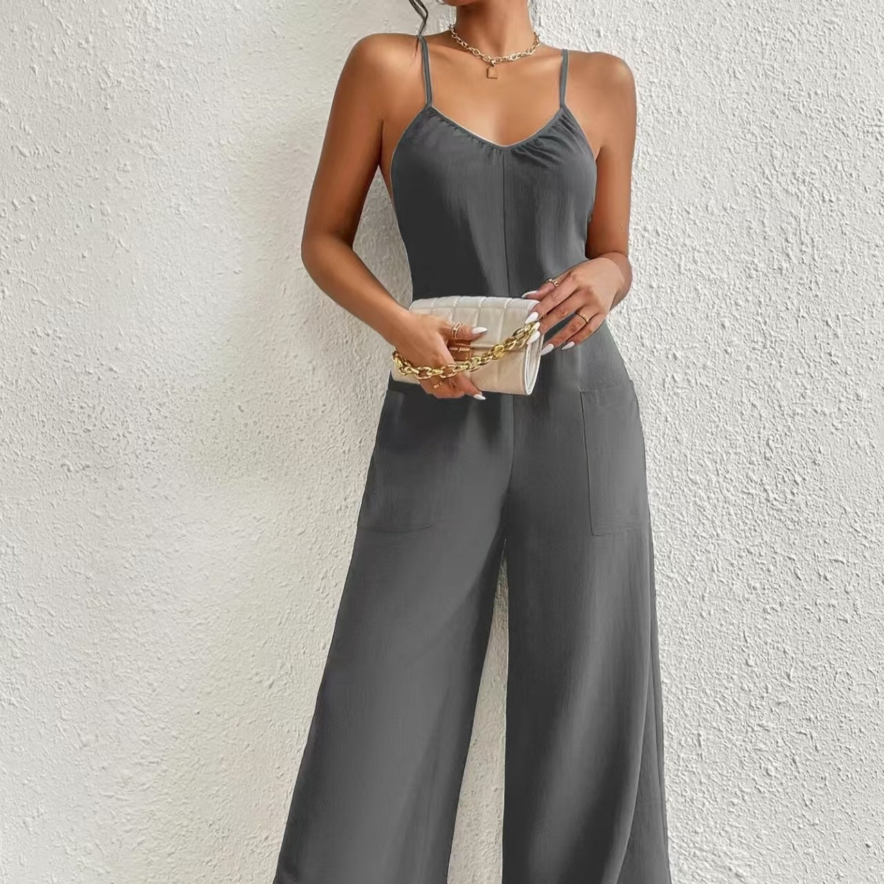 Dames Solid Color Chest Pleated Design Cross Suspender Sexy Jumpsuit
