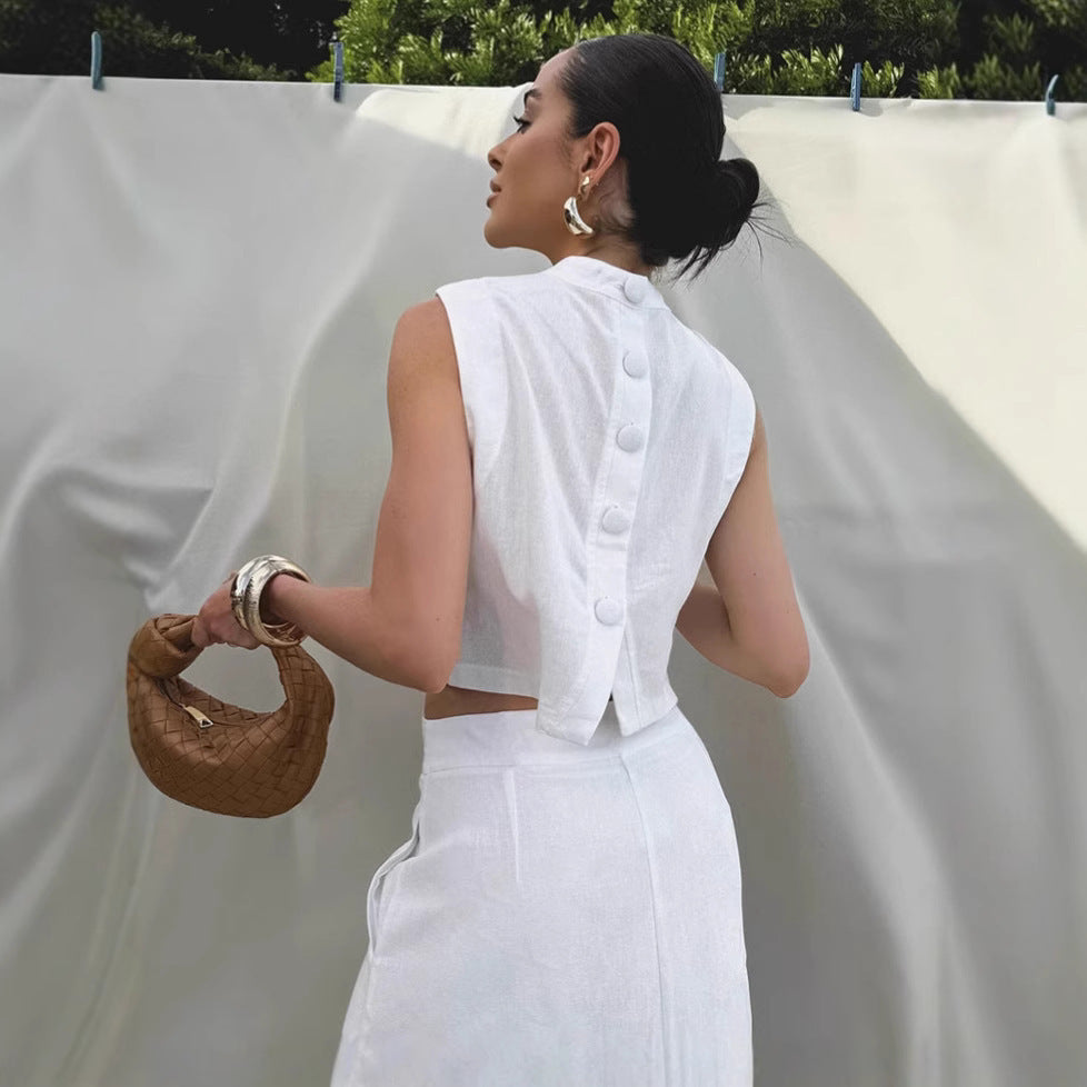 Zomerse Set — Mouwloze Standkraag Top & Maxi-Rok met Split 2-Delig