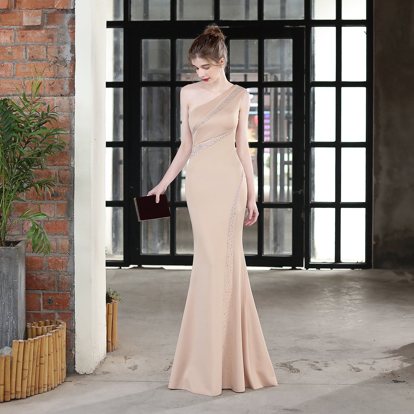 Toast Jurk Bruid Lange One-Shoulder Dankjewel Banket Slanke Zeemeermin Rok