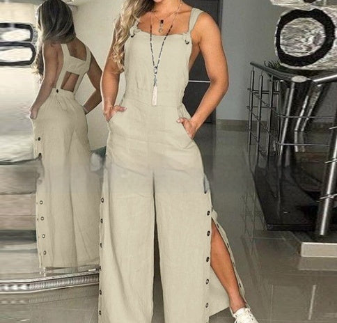 Dames Jumpsuit Zonder Mouwen Met Zijzak en Wijde Pijpen