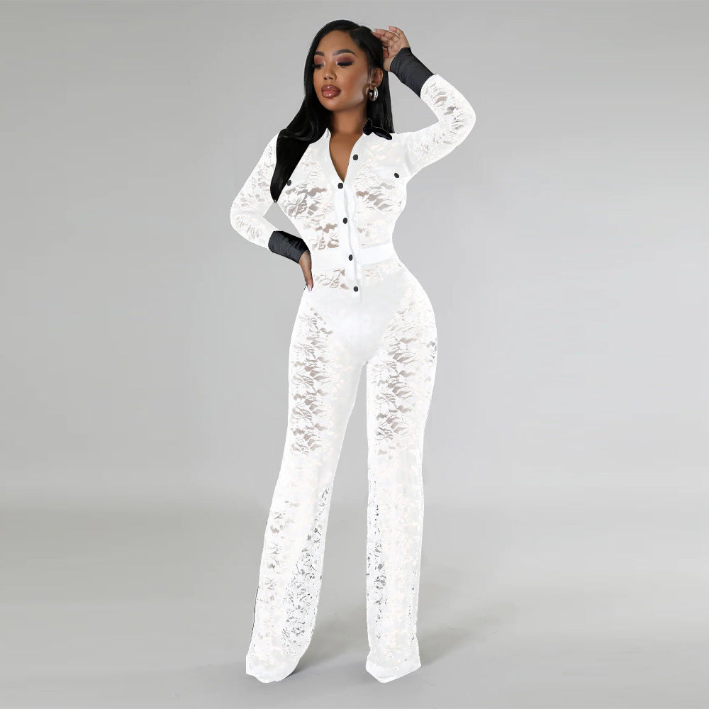 Dameskleding: LACE Contrast-color Stitching Jumpsuit