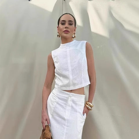 Zomerse Set — Mouwloze Standkraag Top & Maxi-Rok met Split 2-Delig