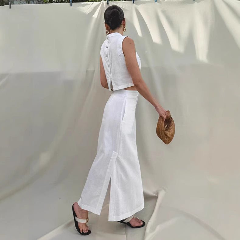 Zomerse Set — Mouwloze Standkraag Top & Maxi-Rok met Split 2-Delig