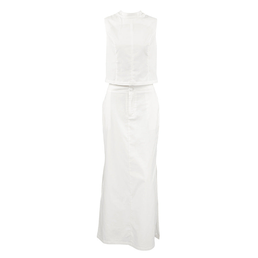 Zomerse Set — Mouwloze Standkraag Top & Maxi-Rok met Split 2-Delig