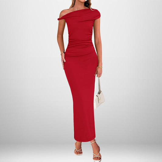 Fashion Sexy Effen Kleur Schuine Schouder Hoge Taille Jurk
