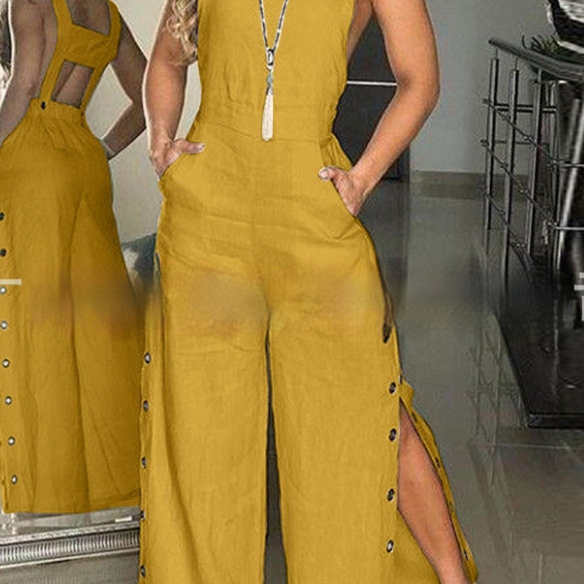 Dames Jumpsuit Zonder Mouwen Met Zijzak en Wijde Pijpen