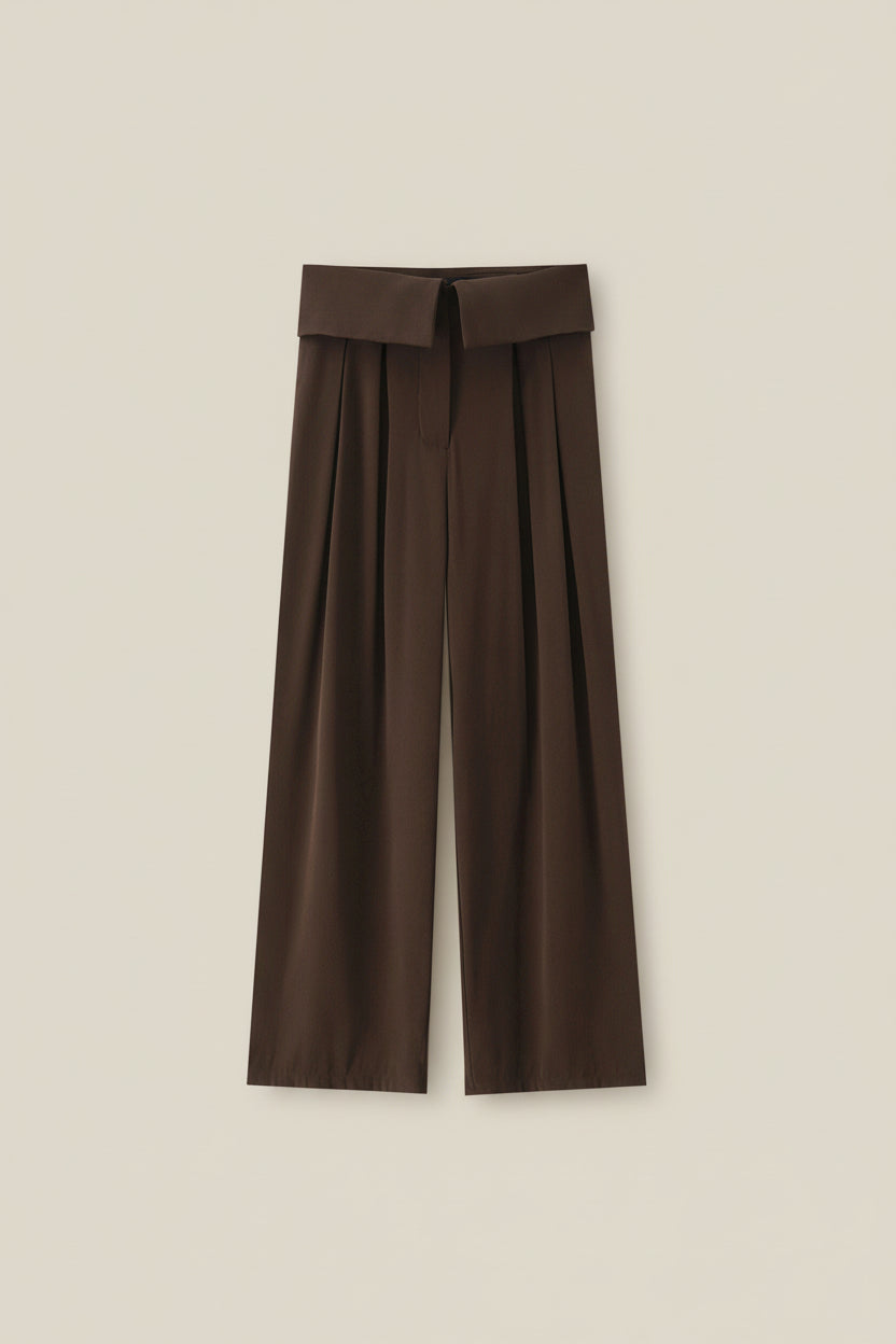 Lesmo Luna Plissé Taillebroek - High Waist Wide Leg Pantalon | Bruin