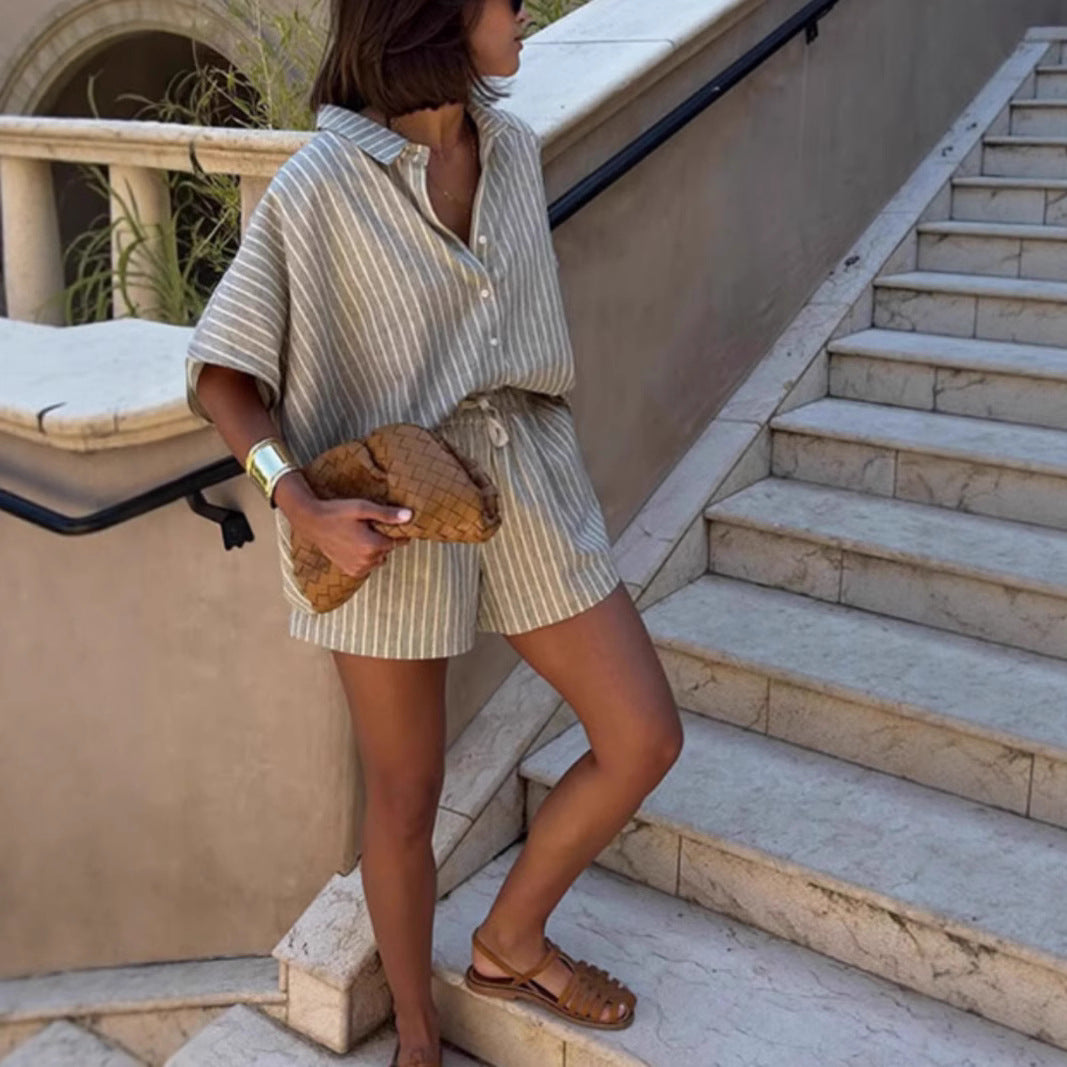 Gestreepte Set – Losvallend Overhemd & Shorts met Zakken
