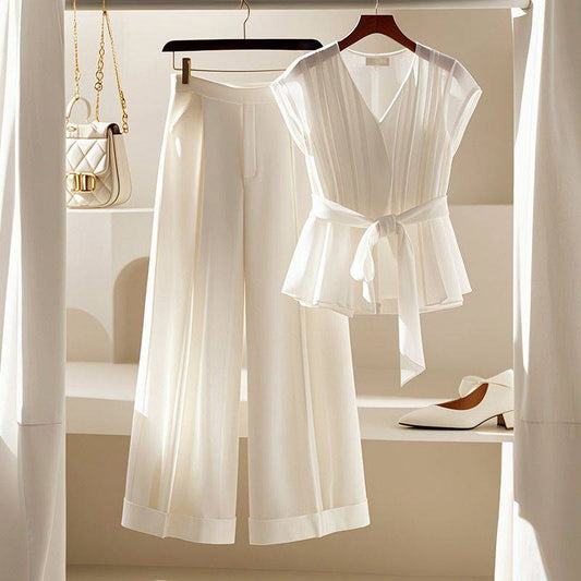Fashionable French White Top With Temperament Slimming Two-piece Pants