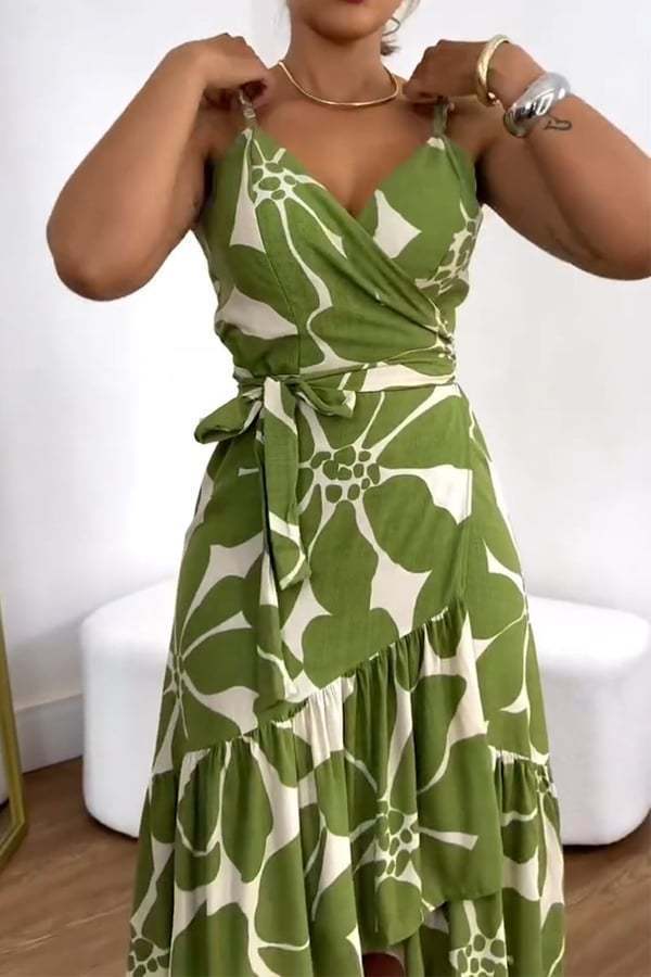 Elegante Dames Kruiskraag Riem Bloemenprint Jurk