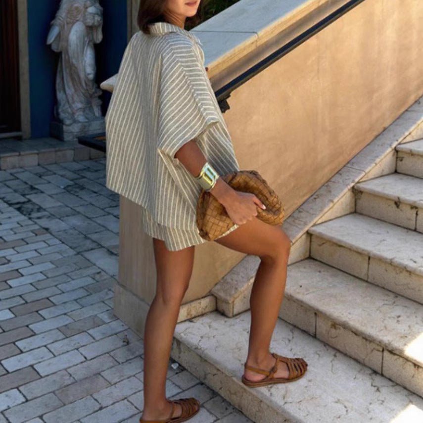 Gestreepte Set – Losvallend Overhemd & Shorts met Zakken