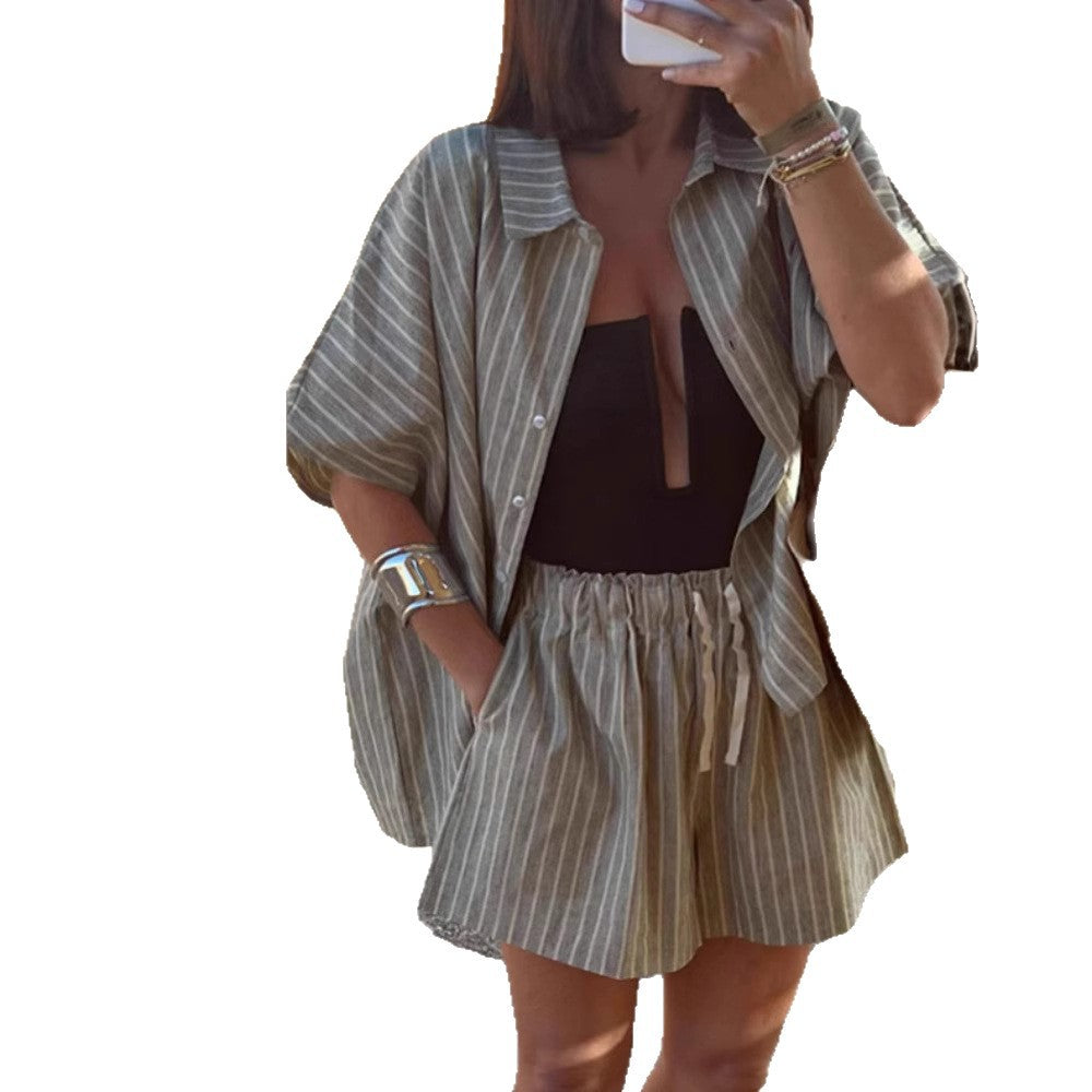 Gestreepte Set – Losvallend Overhemd & Shorts met Zakken