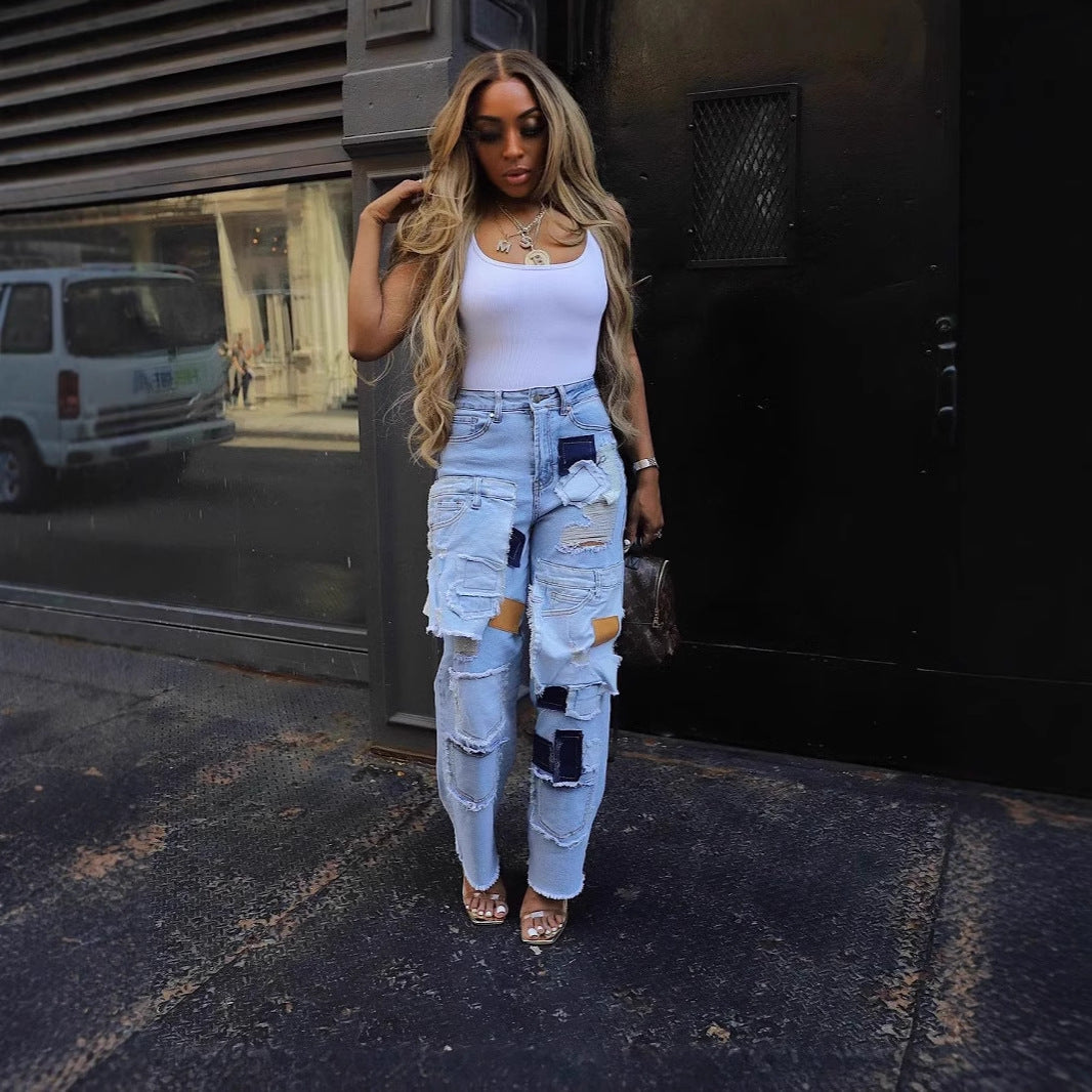 Casual Gedrukte Patch Hole Denim Rechte-Leg-Pants