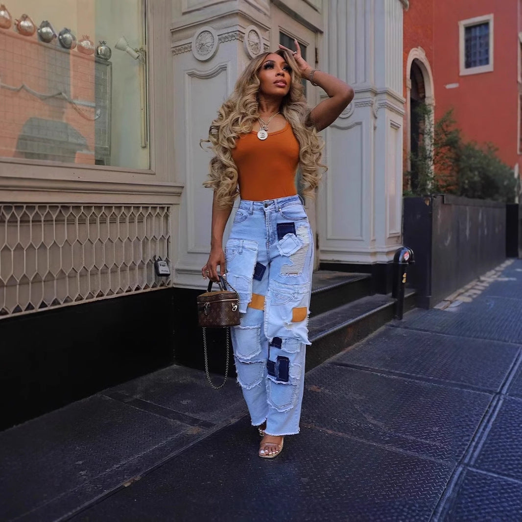 Casual Gedrukte Patch Hole Denim Rechte-Leg-Pants