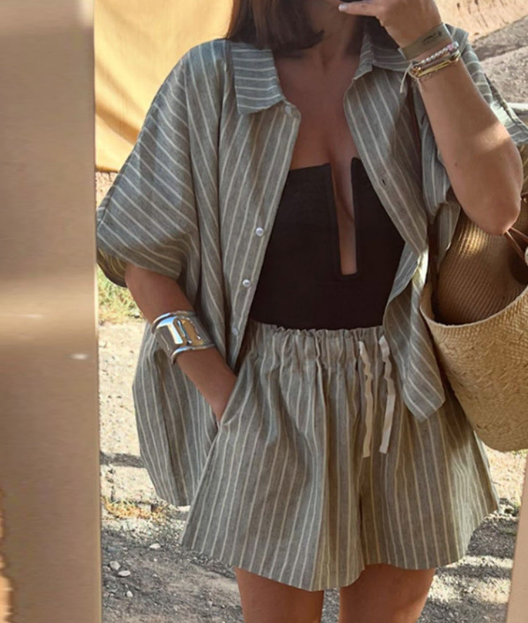 Gestreepte Set – Losvallend Overhemd & Shorts met Zakken