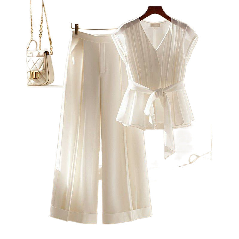 Fashionable French White Top With Temperament Slimming Two-piece Pants