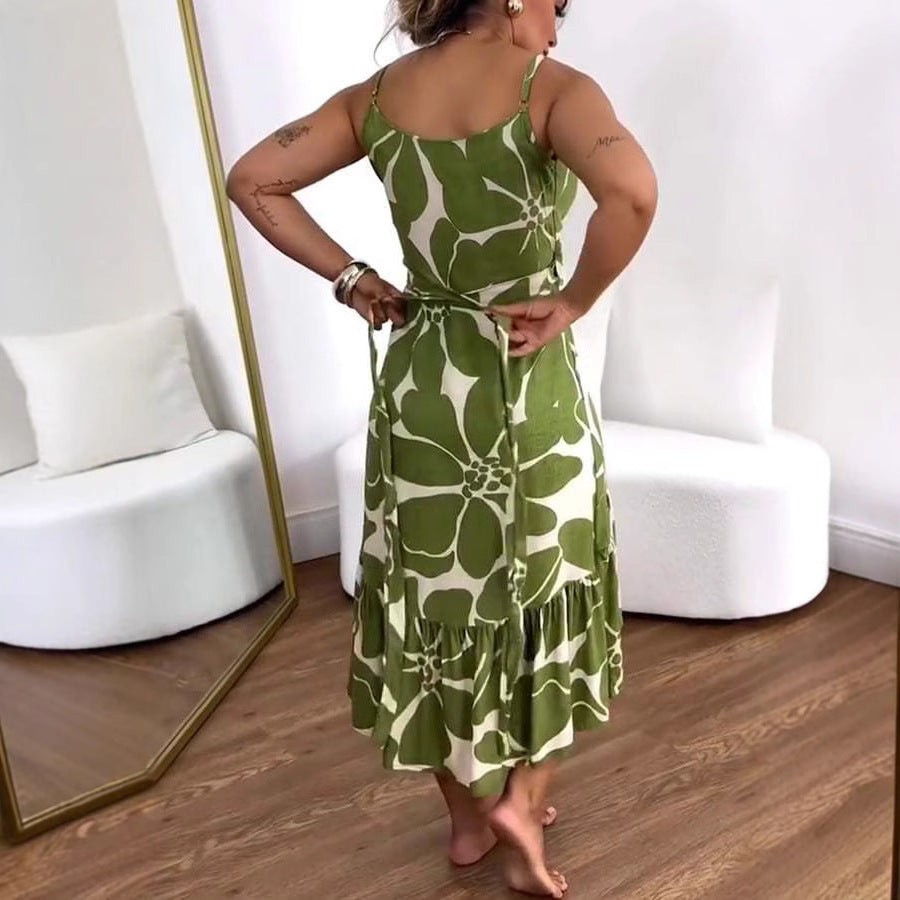 Elegante Dames Kruiskraag Riem Bloemenprint Jurk