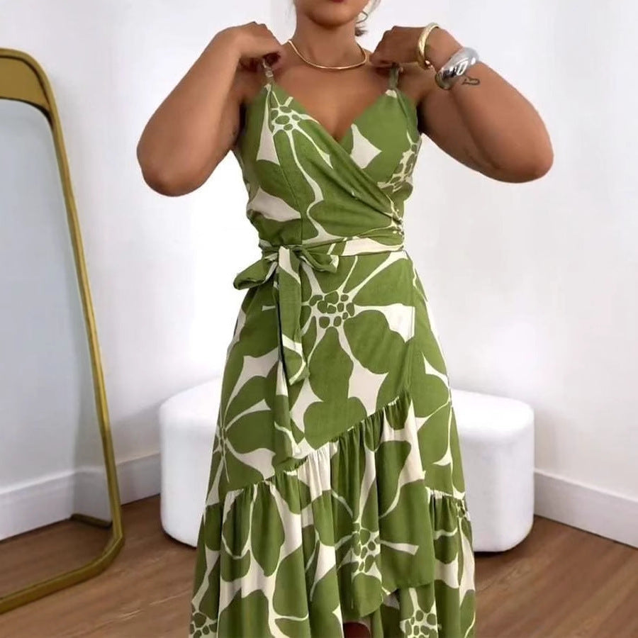 Elegante Dames Kruiskraag Riem Bloemenprint Jurk