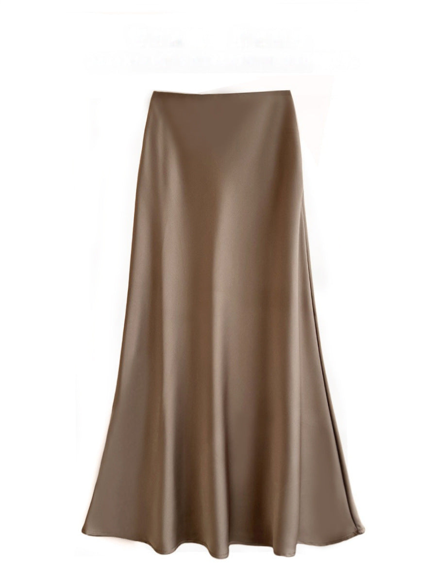 High Waist Mid-length Satin Acetate Silky Skirt