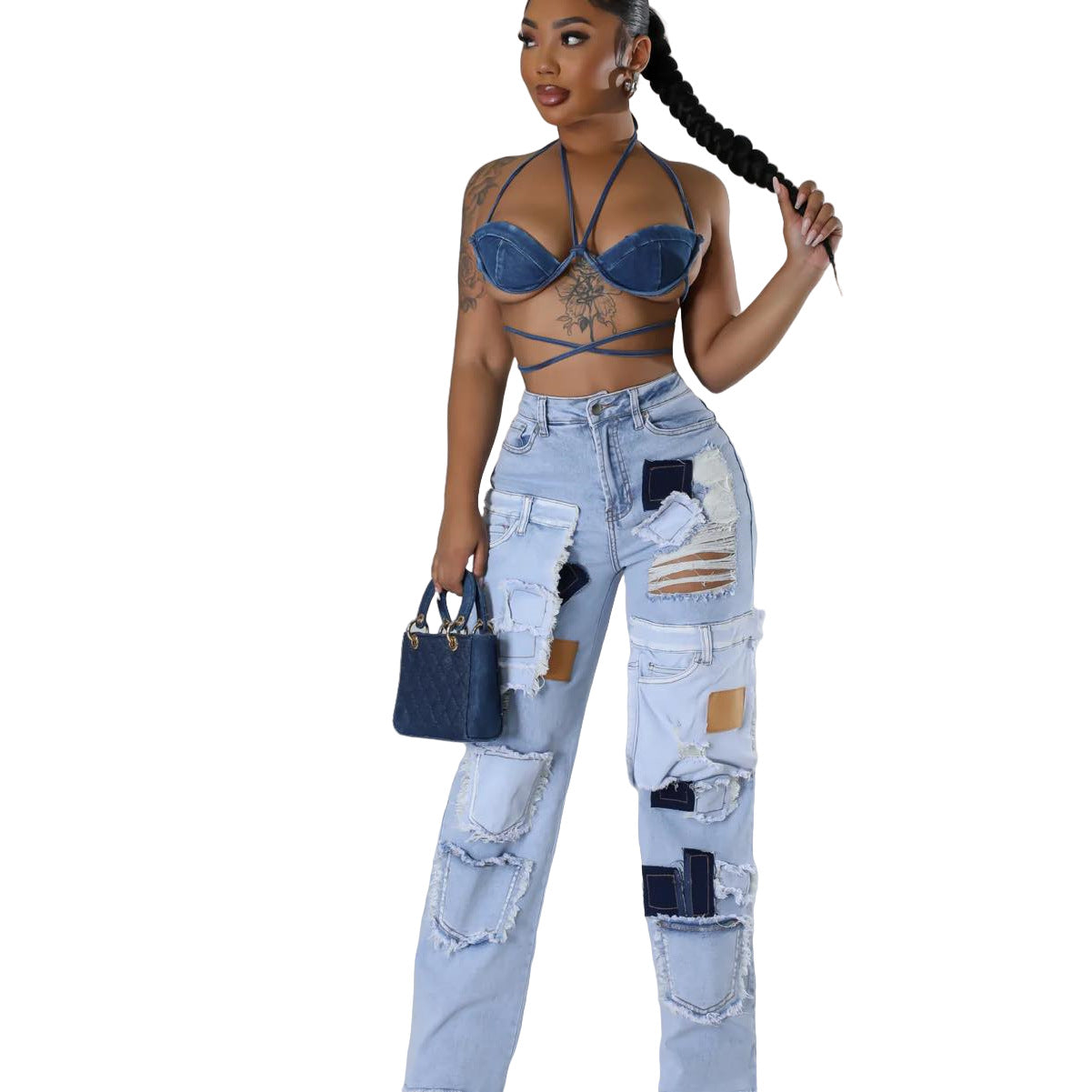 Casual Gedrukte Patch Hole Denim Rechte-Leg-Pants