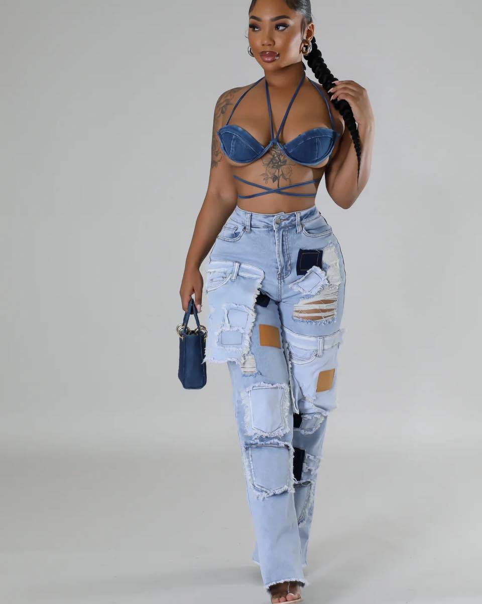 Casual Gedrukte Patch Hole Denim Rechte-Leg-Pants