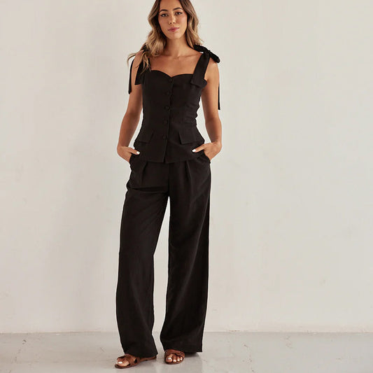 Chique Zwarte Two-Piece Set – Bandeau Top & High Waist Palazzo Broek
