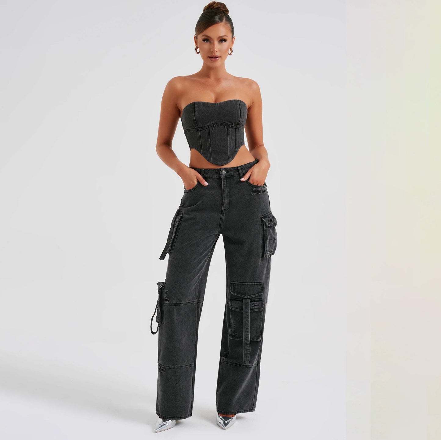 Dames Suit Jeans – Lage Taille Tube Top & Pocket Stitching