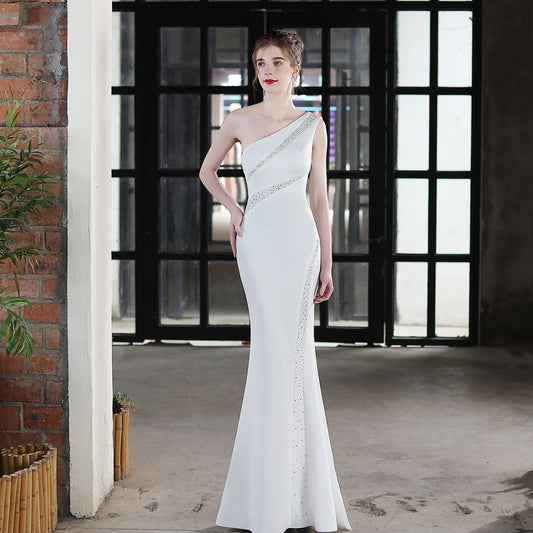 Toast Jurk Bruid Lange One-Shoulder Dankjewel Banket Slanke Zeemeermin Rok