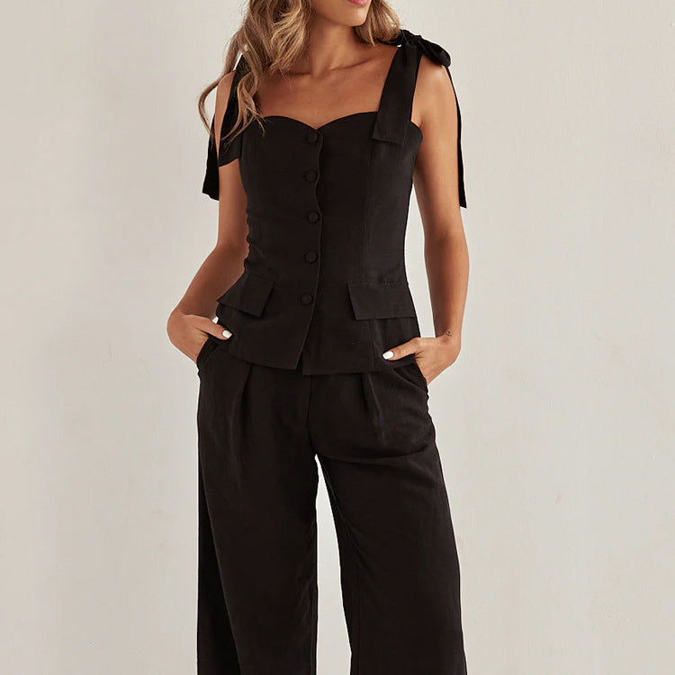 Chique Zwarte Two-Piece Set – Bandeau Top & High Waist Palazzo Broek