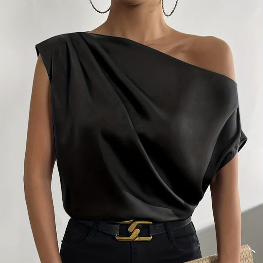 Dames Effen Top met Asymmetrische Kraag en Plissé – Off-Shoulder, Elegant & Casual