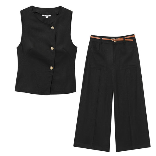 Linnen Set – Double-Breasted Vest met Riem & Wide-Leg Broek