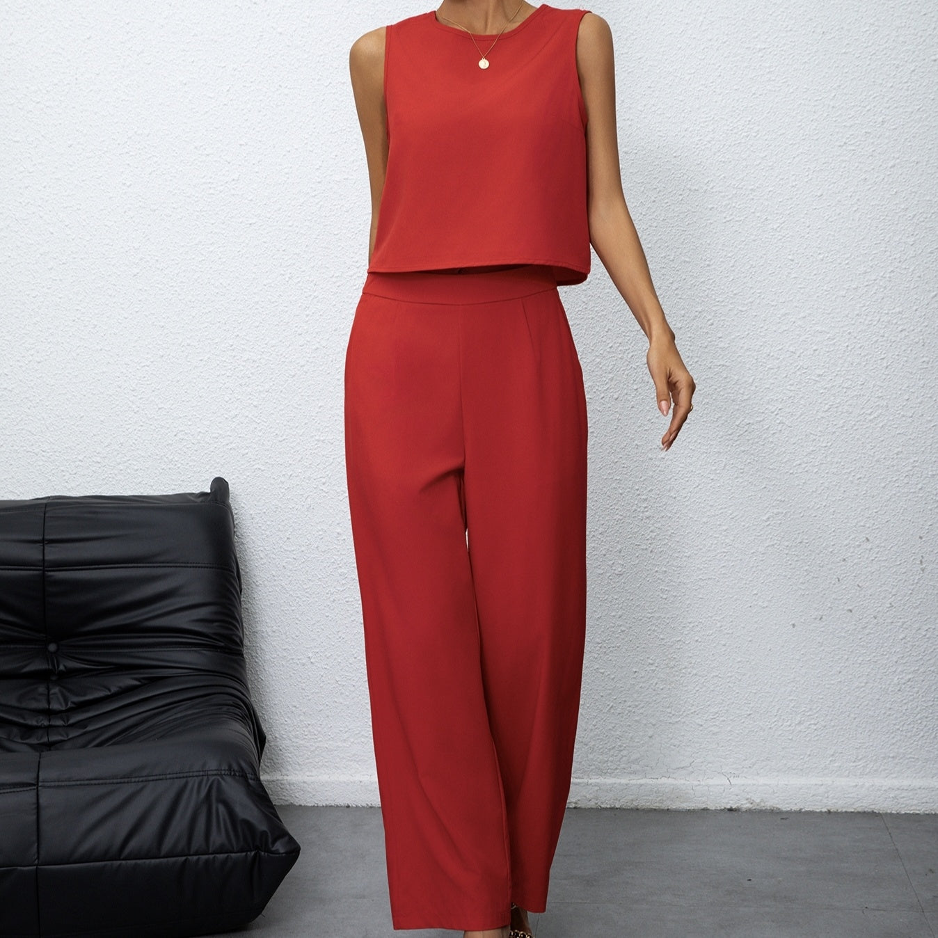 Elegante Dames Set — Mouwloze Top en Losvallende Rechte Broek